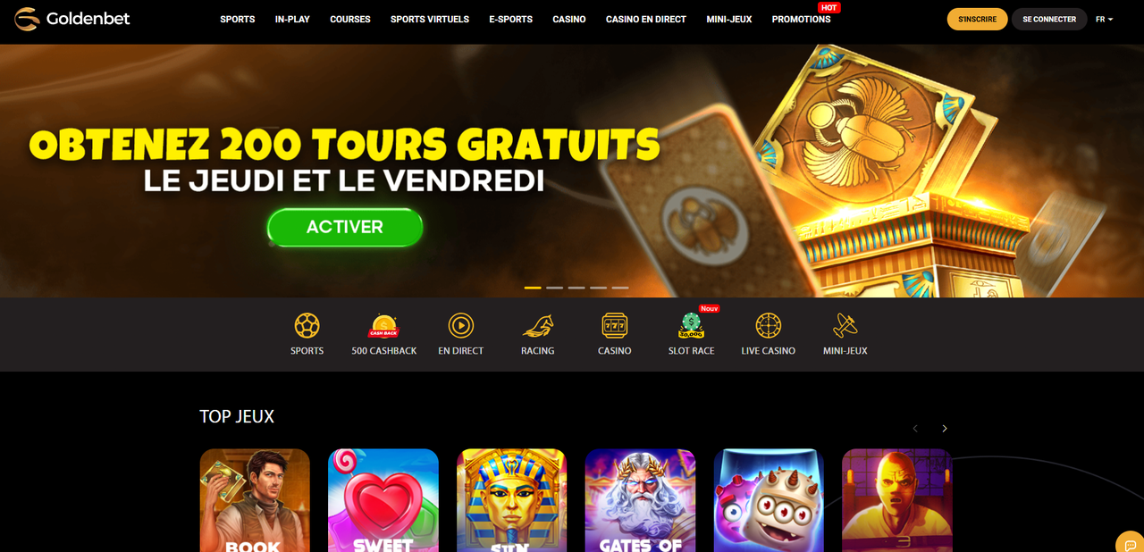 Page d'accueil de Goldenbet, interface française