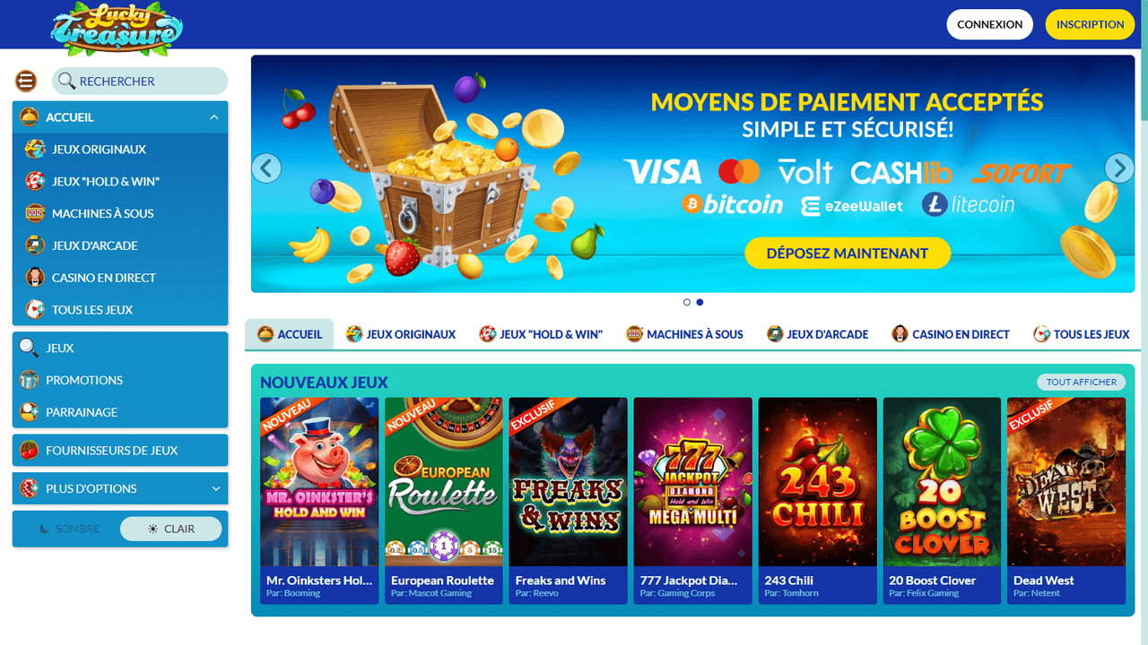 Moyens de paiement acceptés de Lucky Treasure, interface française
