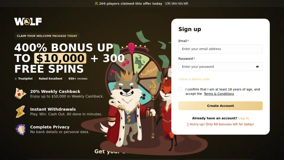 Page d'accueil de Wolf.io